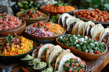 Fototapeta premium Tables with traditional Hispanic dishes such as tacos, empanadas, ceviche, and paella.
