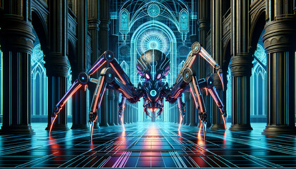 Futuristic mechanical spider robot with neon glowing inside a old building. creativity and future technology concept.