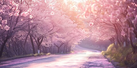 A beautiful sight of cherry blossoms fluttering, a road full of cherry blossom trees