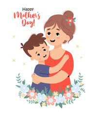 Cute woman mother with her smiling son. Holiday postcard happy Mothers day. Vector illustration in flat cartoon style