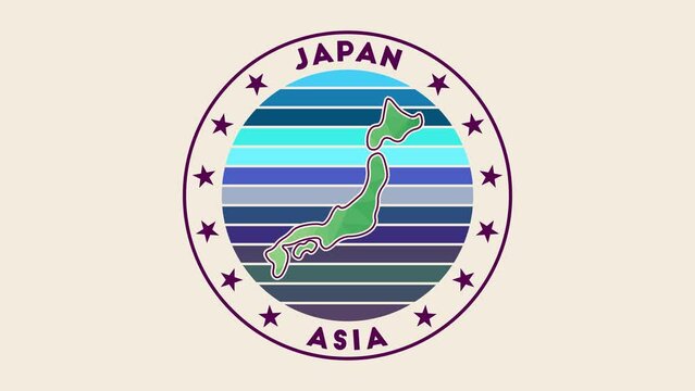 Japan intro video. Badge with the circular name and map of the country in low poly tech geometric style. Powerful country round logo animation.