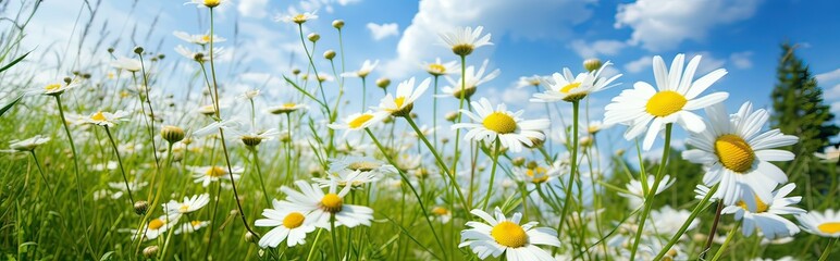 Field of daisies on a background of blue sky with clouds. Web banner