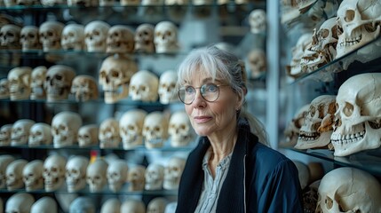 Doctor, an expert in the biology of human genetics. Standing next to skeletons of various nationalities Various breeds - obrazy, fototapety, plakaty