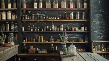 A vintage-inspired potion shop with wooden shelves showcasing jars of mystical potions and ingredients against a black wall adorned with chalk-drawn potion recipes.