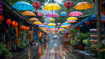 A group of umbrellas creating a colorful canopy at an outdoor market, adding vibrancy to a rainy shopping experience