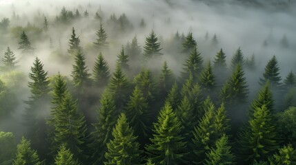 Fototapeta premium evergreen forest view from overhead, fog rolling in