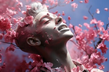 Elegant woman immersed in vibrant cherry blossoms reflecting spring beauty