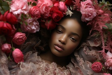 Serene woman surrounded by lush roses creating a fantasy atmosphere