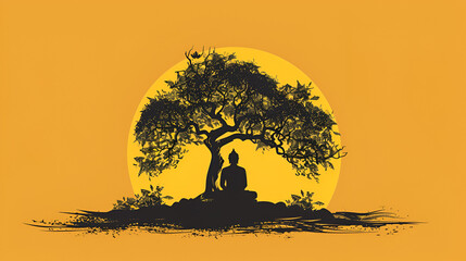 Black Buddha Meditate Under Bodhi Tree Circle Yellow Background, Buddha Concept for Copy space, Generative Ai