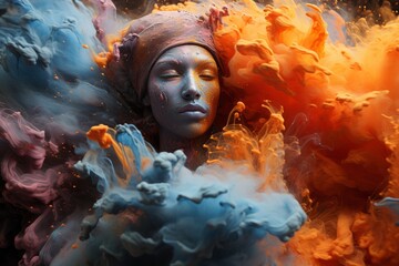 Surreal portrait of a woman engulfed in vibrant colored smoke