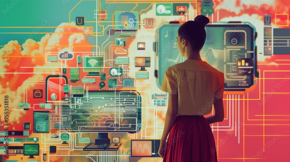 Poster integrating technology into daily life enhances efficiency and connectivity, but requires balance to