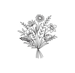 Flower bouquet vector. Hand drawn flower. Wildflower line art bouquets, wild plant, botanical vector illustration
