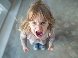 Upset child having a temper tantrum looking up at camera while angrily screaming