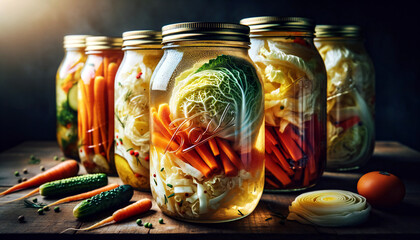 Vibrant mason jars with fermented vegetables.