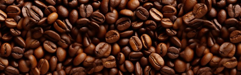 Obraz premium Roasted coffee beans background, close-up, top view. panoramic banner