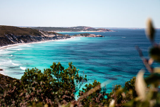 Amazing blue bay in Western Australia. View of the observatory beach from the observatory point in Esperance, south west australia. Beautiful clear beach with sand and coastal hills.