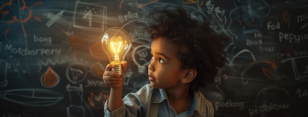 Young Kid Holding Light Bulb with Chalkboard Background - obrazy, fototapety, plakaty