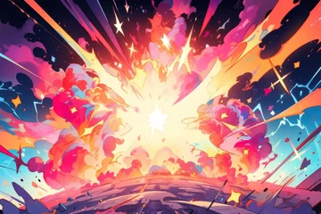 Foto op Canvas Der Moment der Energieexplosion in phantastischen Farben dargestellt in Anime-Kunst: Eine lebendige und filmische Darstellung von Emotionen 11 © Vira