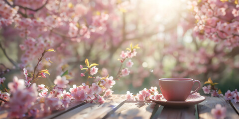 a cup of tea with cherry blossom flowers in garden in the morning light in spring time - obrazy, fototapety, plakaty