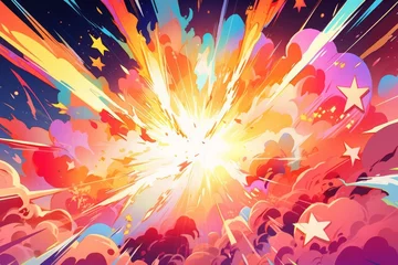 Foto op Canvas Der Moment der Energieexplosion in phantastischen Farben dargestellt in Anime-Kunst: Eine lebendige und filmische Darstellung von Emotionen 7 © Vira