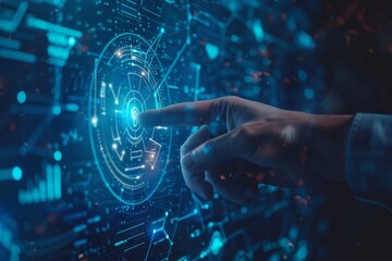 Hand touch digital button hud interface futuristic technology background of virtual computer screen display future concept