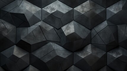 Abstract faceted texture, black background with convex triangular, hexagonal geometric shapes.