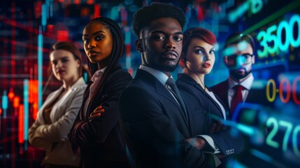 multi-ethic group of business people with stock market graph