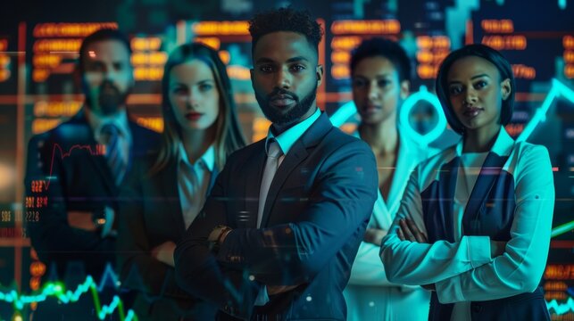 multi-ethic group of business people with stock market graph