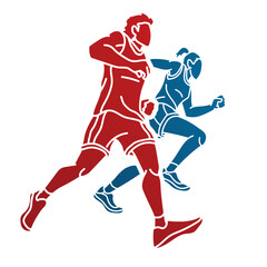 Naklejka premium Group of People Running Together Man and Woman Runner Marathon Cartoon Sport Graphic Vector