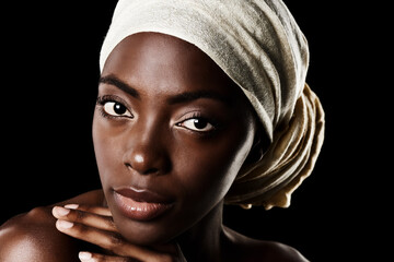 Cosmetics, portrait and black woman with head wrap, natural makeup or creative aesthetic in studio....