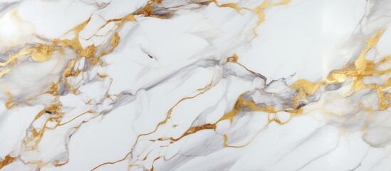 A detailed view of a Carrara statuarietto white marble surface adorned with luxurious gold accents. The intricate pattern and texture of the marble, along with the shimmering gold accents, create a - obrazy, fototapety, plakaty