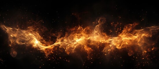 A fiery blaze of orange and yellow flames crackling and emitting sparks against a stark black backdrop, creating a striking contrast in colors.