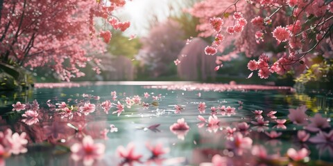 A tranquil pond surrounded by cherry blossoms, their petals gently floating on the water's surface. Rendered in a photorealistic style, 