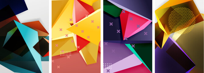 Trendy low poly 3d triangle shapes and other geometric elements background designs for wallpaper, business card, cover, poster, banner, brochure, header, website