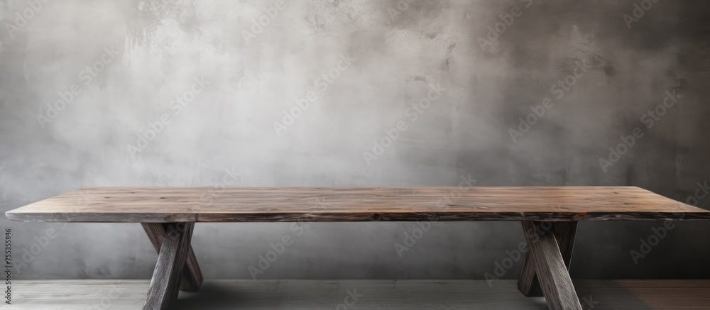 Aufkleber A wooden table is positioned in front of a plain gray wall, creating a simple and industrial aesthetic. The tables texture contrasts with the smooth surface of the wall, adding visual interest to the