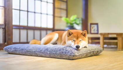 Shiba Inu sleeping on a cushion in a Japanese-style room - obrazy, fototapety, plakaty
