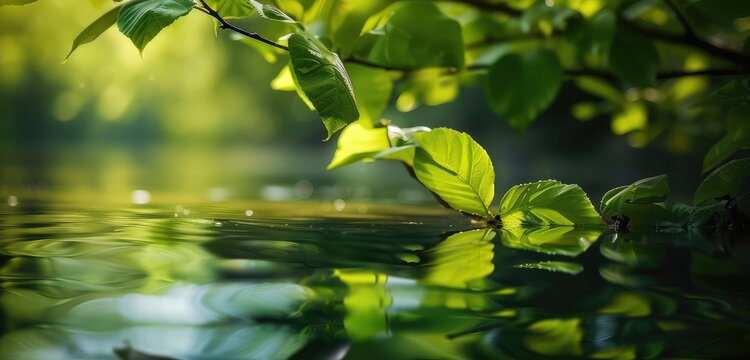 Serene Nature Scene with Green Leaves and Lake