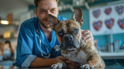 A concerned French Bulldog being comforted by a male veterinarian in a clinic, with heart diagrams in the background.