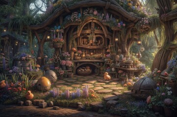 Fototapeta premium Halloween theme with wooden house, pumpkin and scarecrow in the forest