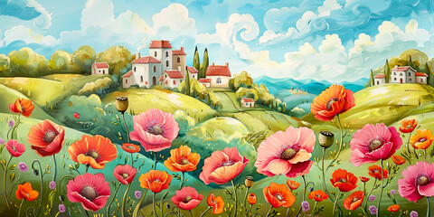Spring landscape with  poppy flowers, Oil paintig banner
