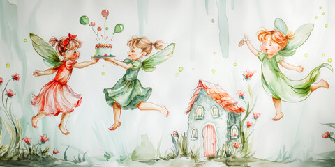Cute little fairies flying with a cake. Watercolor Illustration. Holiday concept.