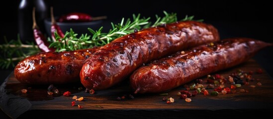 A couple of savory slim smoked game sausages with seasoning are placed on top of a rustic wooden cutting board.