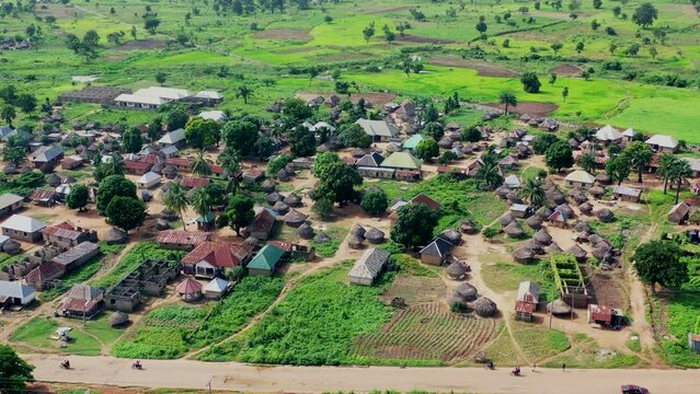 Rural Pila farming community in Benue State, Nigeria - aerial orbit