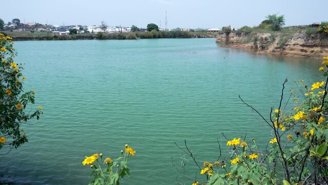 A natural dam or reservoir lake near Jos, Nigeria and wildflowers along the shoreline