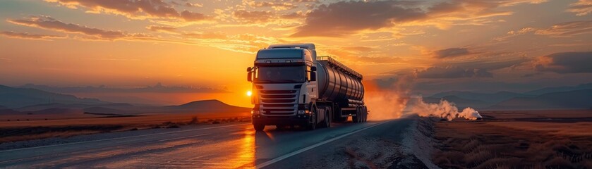 A commercial tanker truck driving on a highway at sunset, with a dramatic sky and open landscape.