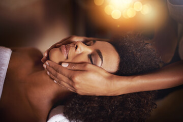 Black woman, hands and masseuse for face massage, beauty and bodycare at spa for stress relief and...
