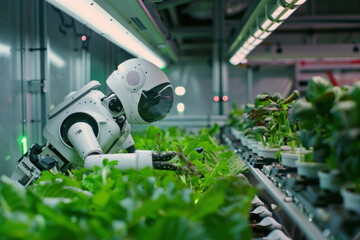 A close-up shot of a robot tending to crops in a hydroponic farm on a space colony - obrazy, fototapety, plakaty