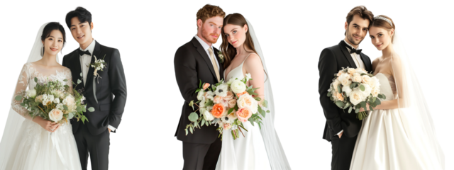 set of couple wearing a wedding dress and a suit
