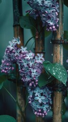 The lilac flowers are very beautiful Realistic photography: several blooming flowers climb on the bamboo fence. The flowers are covered with dew.