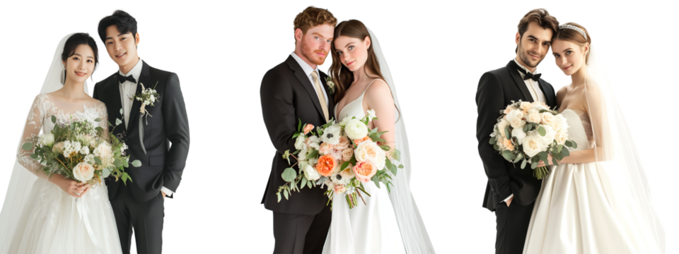 set of couple wearing a wedding dress and a suit